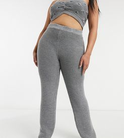 knitted wide leg pants in textured knit set-Grey