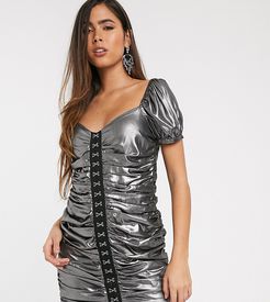 ruched mini dress with balloon sleeves in silver metallic