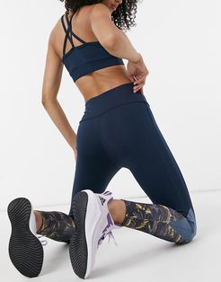 performance leggings with tropical print panels in dress blue & multi-Blues