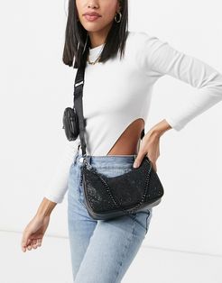 BLeslie crossbody bag with detachable compartment in black rhinestone
