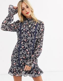 sadelle long sleeve ruched floral printed mini dress-Multi