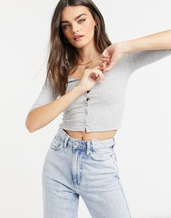 cropped button front top in gray-Black