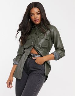 faux leather overshirt with belt in khaki-Brown