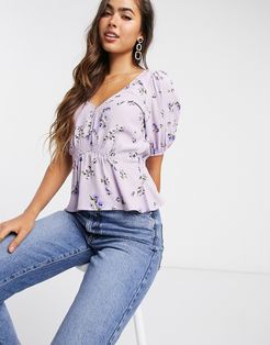 gathered top with puff sleeves in lilac floral-Purple