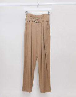 linen paperbag pants in beige-Neutral