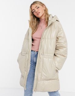 long padded coat with hood in beige-Neutral