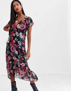 midi dress in roses print-Multi