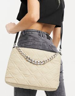 recycled polyester padded shoulder bag with chain in beige-Neutral