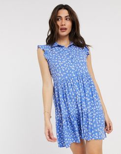 sleeveless shirt dress in blue floral print-Multi