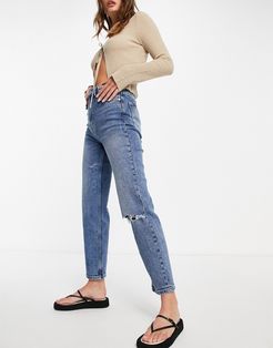 organic cotton slim mom jeans with stretch and rips in medium blue-Blues