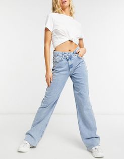 stepped waist mom jeans in medium blue-Blues
