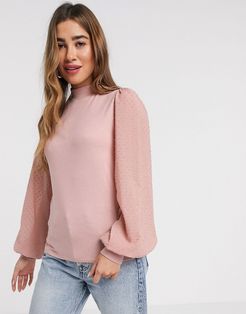 volume sleeve t-shirt in pink dot print-Multi