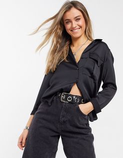 satin button-down blouse in black