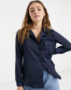 satin button-down blouse in navy