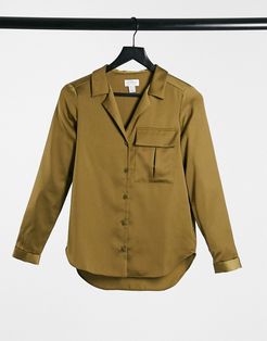 satin shirt with pocket detail in khaki-White