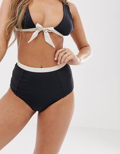 high waisted bikini bottoms with contrast color block-Black