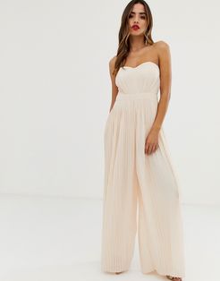 bandeau pleated wide leg jumpsuit in blush-Pink
