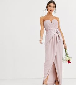 Bridesmaid bandeau maxi wrap dress with satin front detail in taupe-Brown
