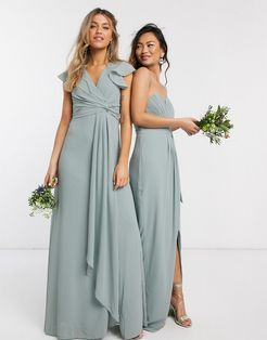 bridesmaid flutter sleeve ruffle detail maxi dress in sage-Green