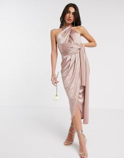 Bridesmaid multi way midi dress in shiny fabric-Brown