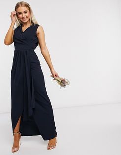 Bridesmaid pleated wrap front maxi-Navy