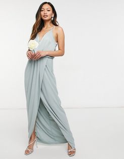 bridesmaid satin halterneck top maxi dress in sage-Green