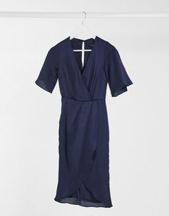 Bridesmaid satin wrap midi dress with kimono sleeve in navy