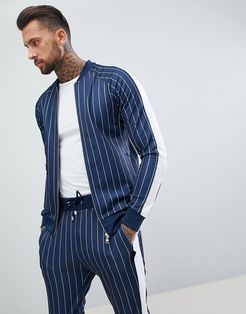 muscle fit track top in pinstripe with side stripe-Navy