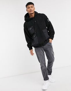 oversized borg hoodie with tonal pockets in black