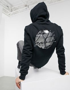 slim fit distressed back print hoodie in black