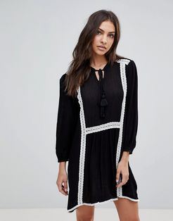 Long Sleeve Smock Dress With Lace Trim And Slip Dress-Black