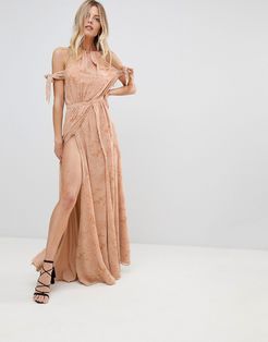 Sierra Lace Thigh Split Cold Shoulder Maxi Dress-Pink