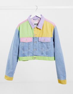 crop jacket in pastel patchwork denim co-ord-Multi