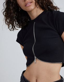 crop t-shirt with zip front in rib-Black
