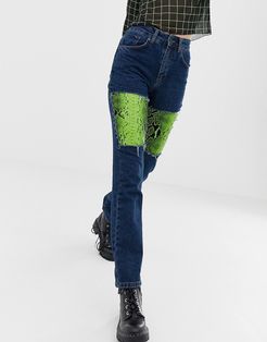 mom jeans with faux leather snakeskin panels-Blues