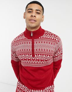christmas fairisle half zip sweater in red