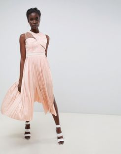 Asymmetric Shoulder Pleated Midi Dress-Pink