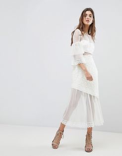 Midi Dress With Fluted Overlay Sleeve-White