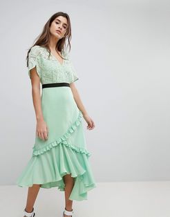 Midi Dress With Lace Bodice-Green