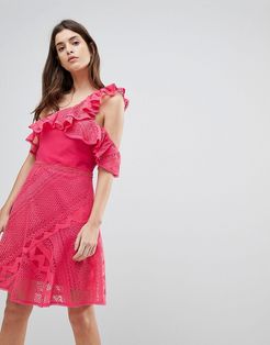 One Shoulder Frill Lace Dress-Pink