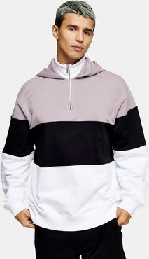 color block half zip hoodie in black and lilac-Multi