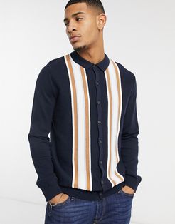long sleeve knitted striped polo in navy