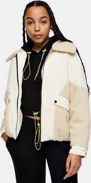 bomber jacket with sherpa trim in cream-White