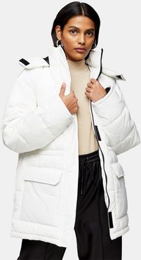 cargo puffer jacket with hood in white