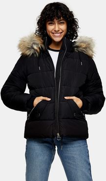 faux fur trim puffer jacket in black