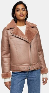 faux leather aviator jacket in dusty pink