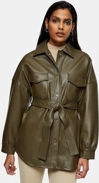 faux leather belted jacket in khaki-Green