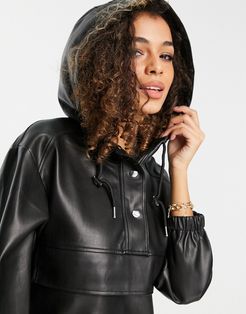 faux leather pullover hooded jacket in black