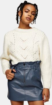 faux leather zip detail paperbag mini skirt in blue-Blues