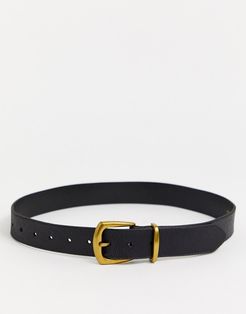 leather belt with gold buckle in black